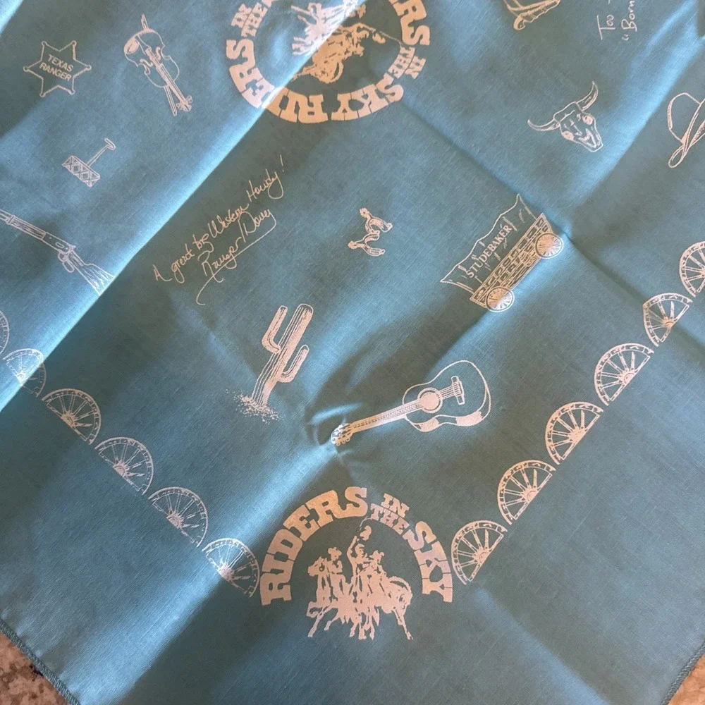 Vtg Riders In The Sky Western Bandana Turquoise White Cowboy Rodeo Handkerchief